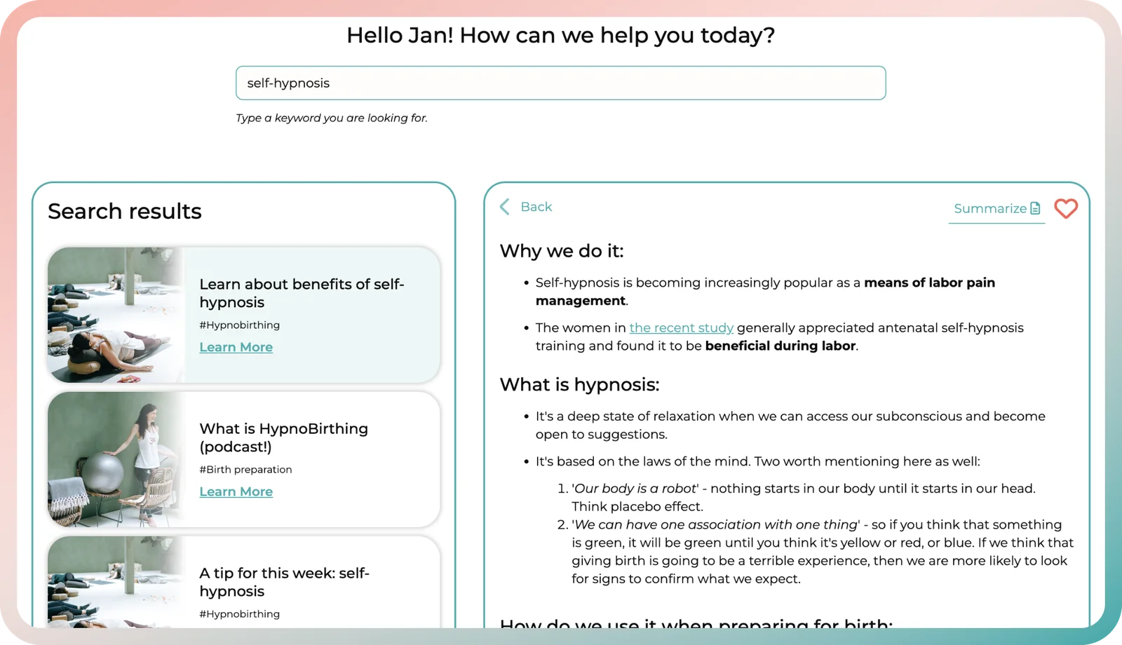 Hypnobirthing app library showing self-hypnosis lessons for labor