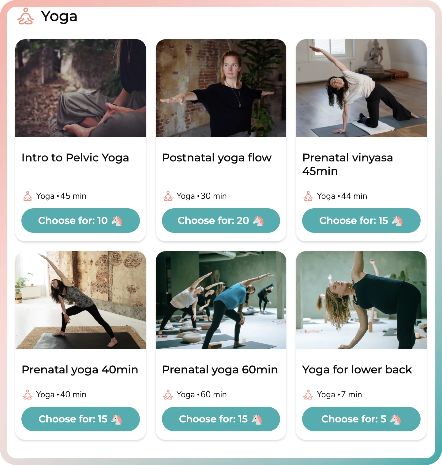 Pregnancy yoga app classes: prenatal yoga 40 and 60 minutes, prenatal vinyasa and yoga for lower back