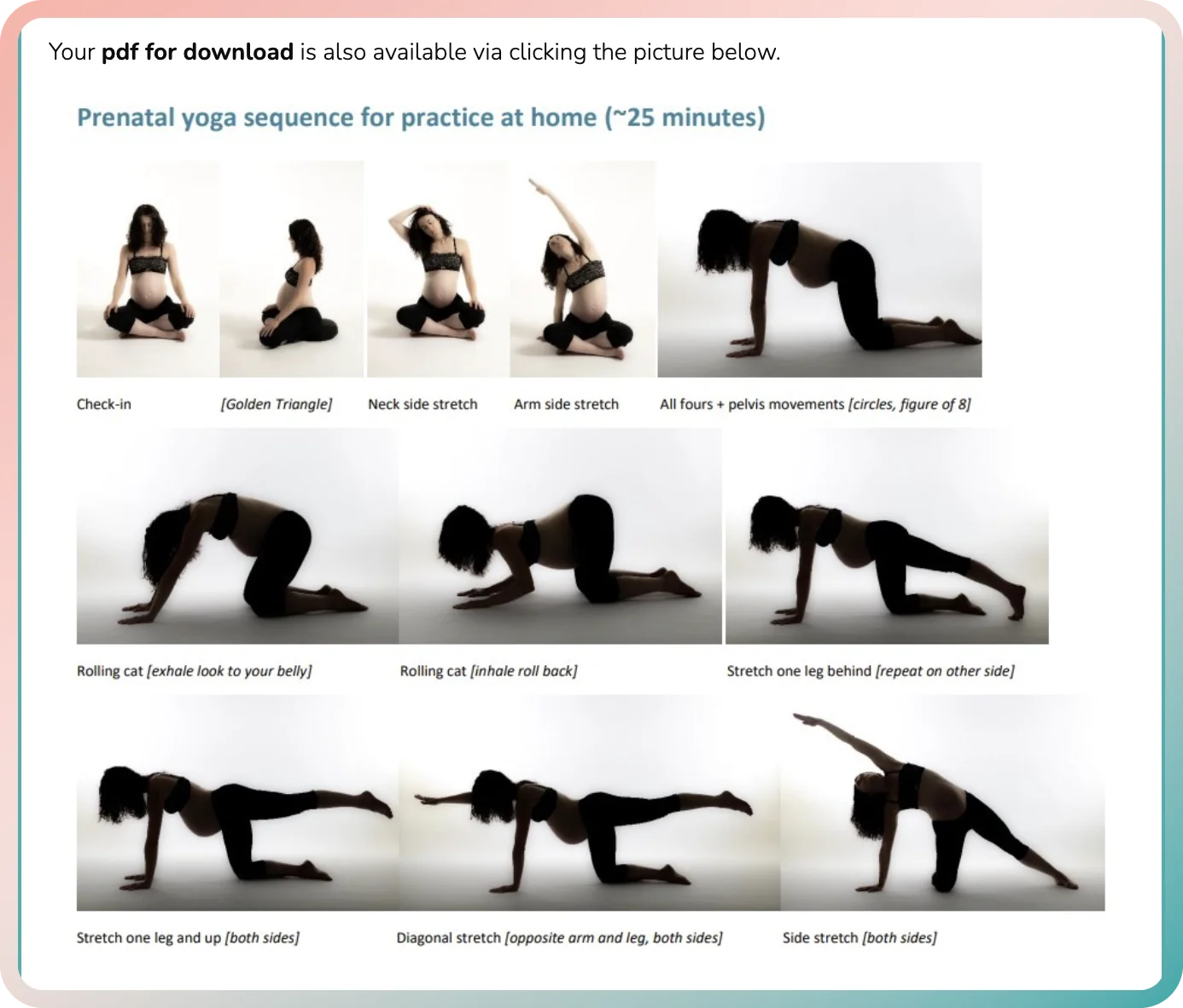 Prenatal yoga cheat sheet with a home practice sequence from the pregnancy yoga app