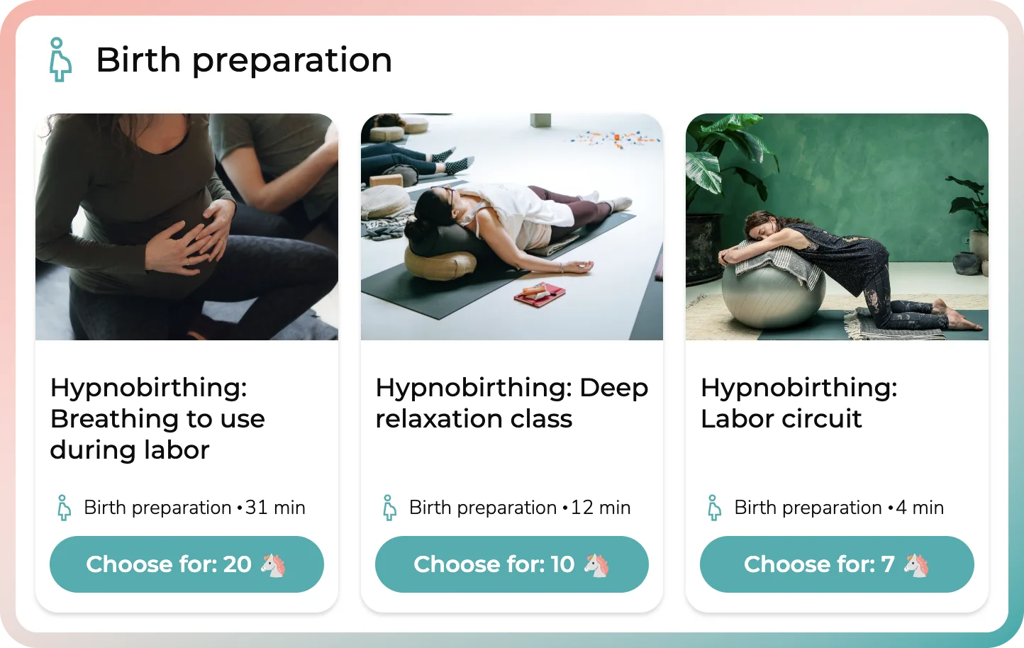 Recorded birth preparation classes in the online birth classes app, from 4 to 31 minutes