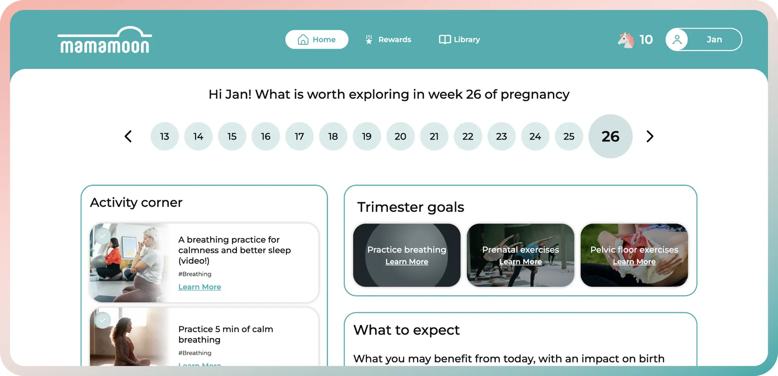 Your week-by-week plan in the online birth classes app, included in the six-month course