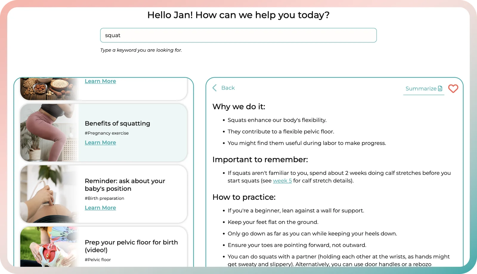 Pregnancy workout app lesson on squatting and why it helps you prepare for birth