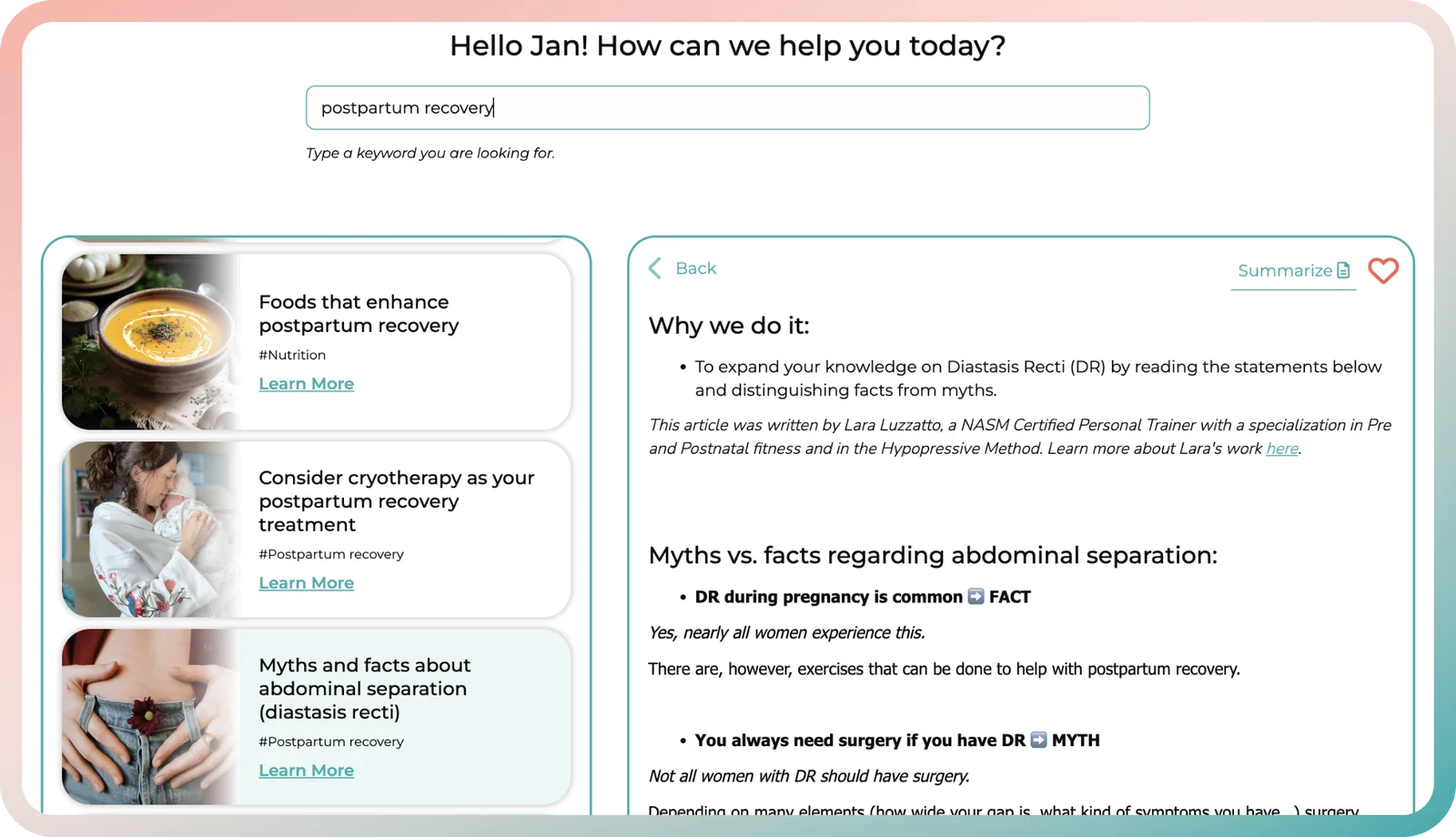Postpartum recovery app lesson on abdominal separation by a certified pre and postnatal trainer