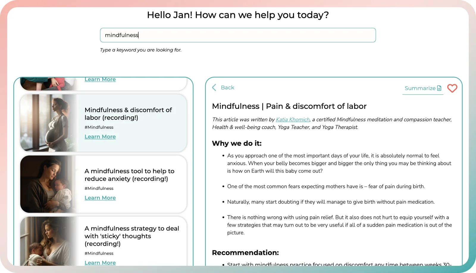 Guided mindfulness recordings for new mothers in the postpartum recovery app, including one for anxious moments