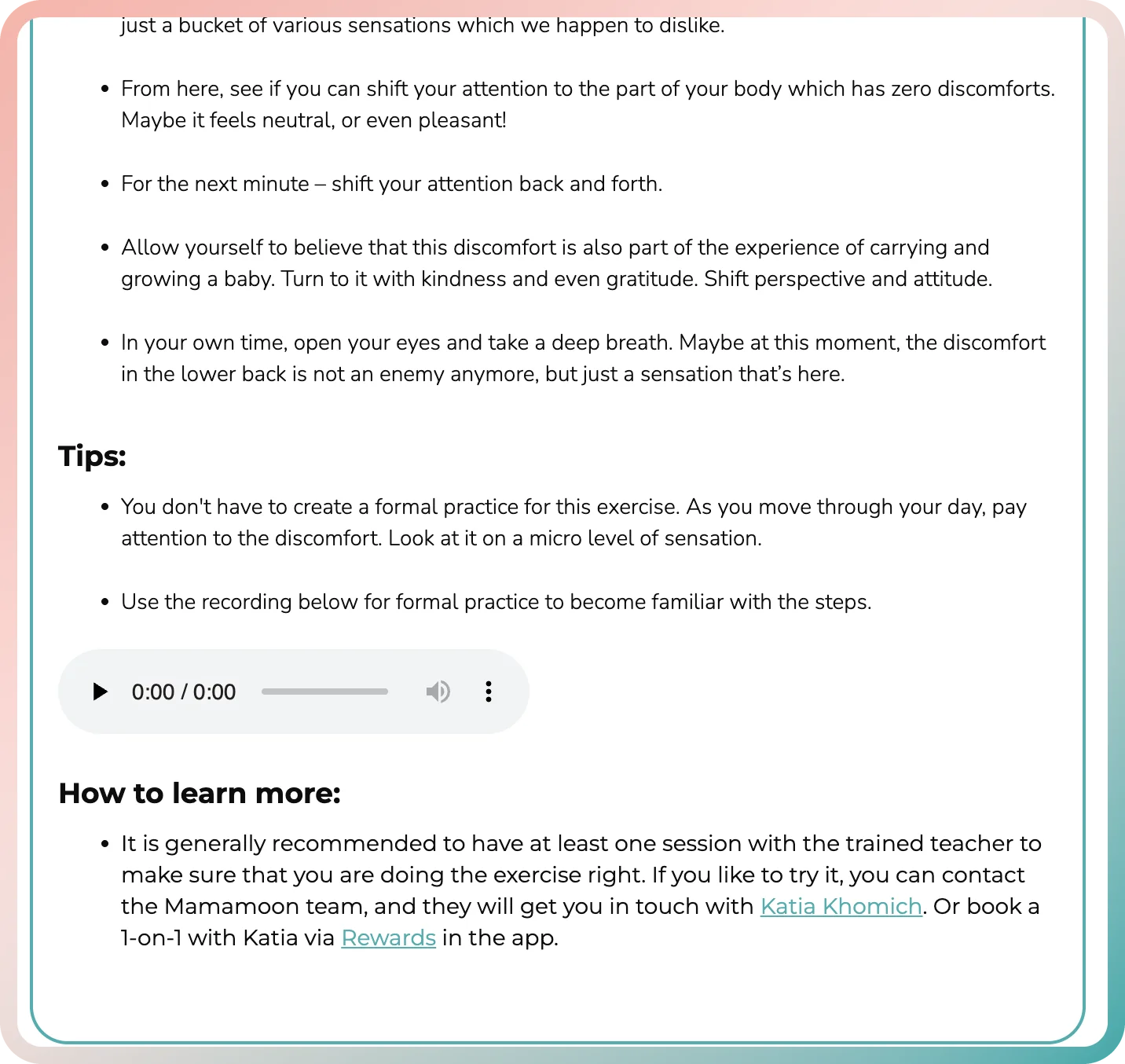 Guided mindfulness recording in the pregnancy meditation app, with an option to book a 1-on-1 with the teacher