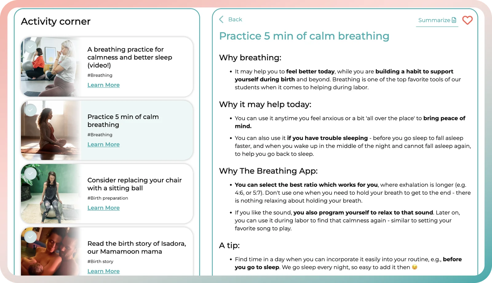 Your weekly plan in the pregnancy meditation app, with calming practices one tap from the home screen