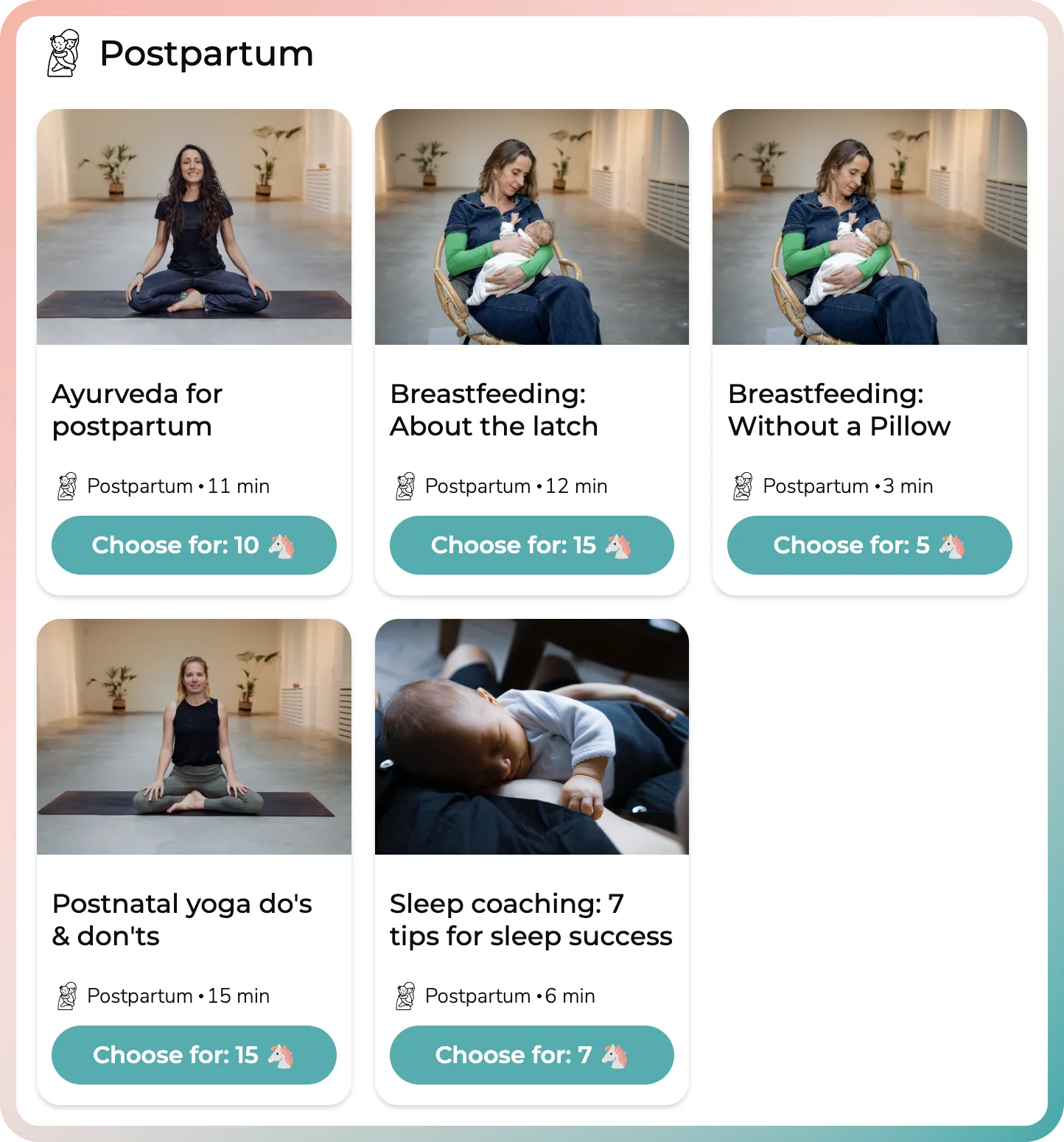 Postpartum classes in the breastfeeding support app, including latch and positioning
