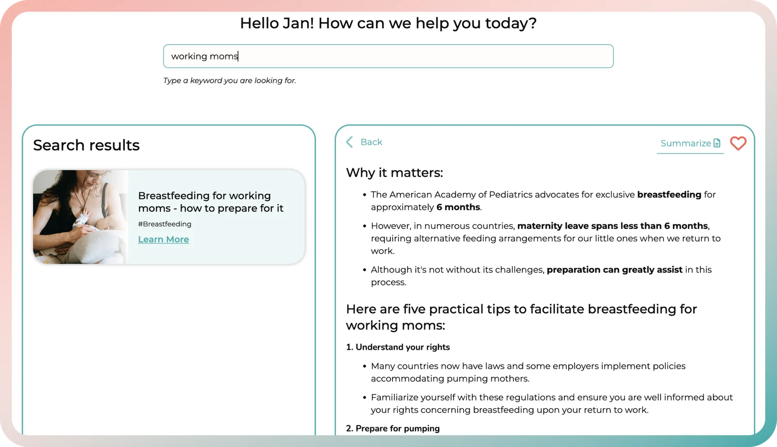 Plan pumping and feeding before returning to work, from the breastfeeding support app