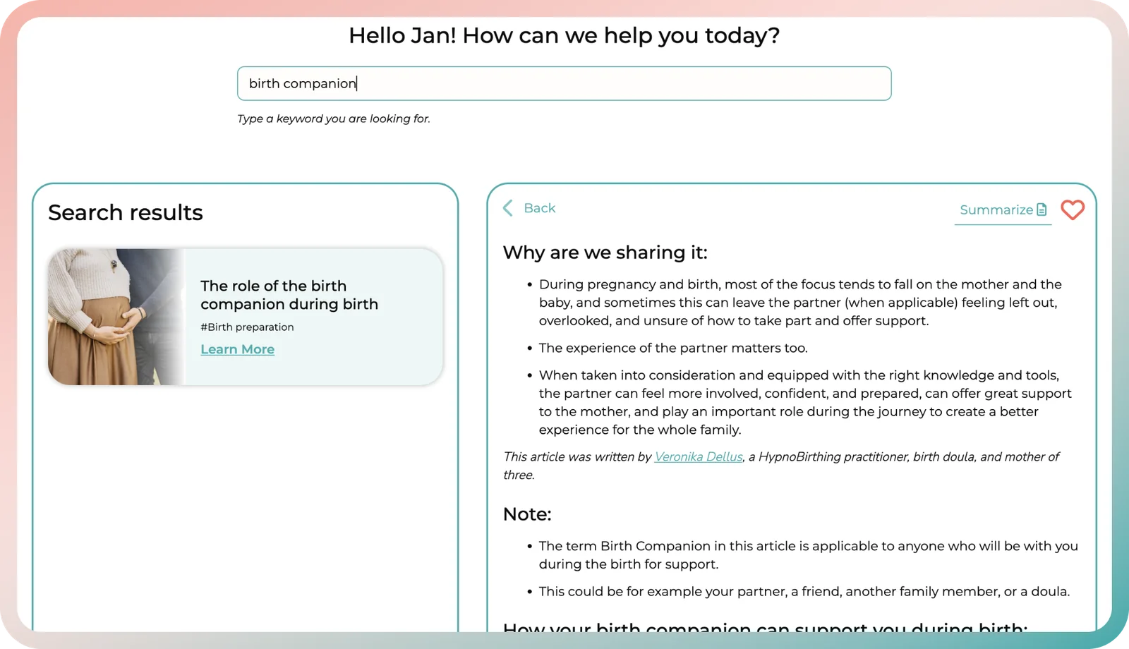 Pregnancy app for partners lesson on the birth companion's role during labor