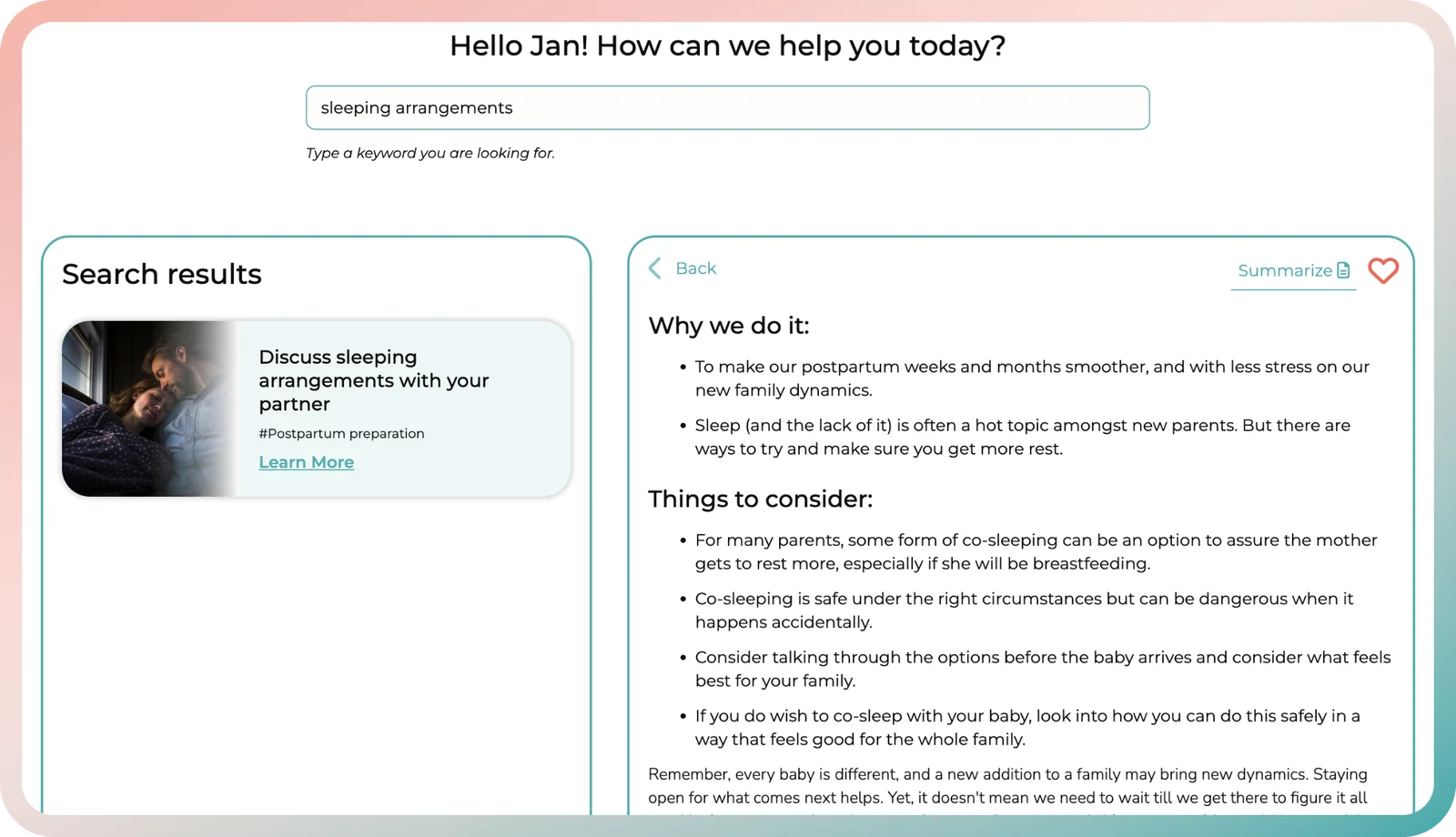 Planning newborn sleep arrangements together, a task in the pregnancy app for partners
