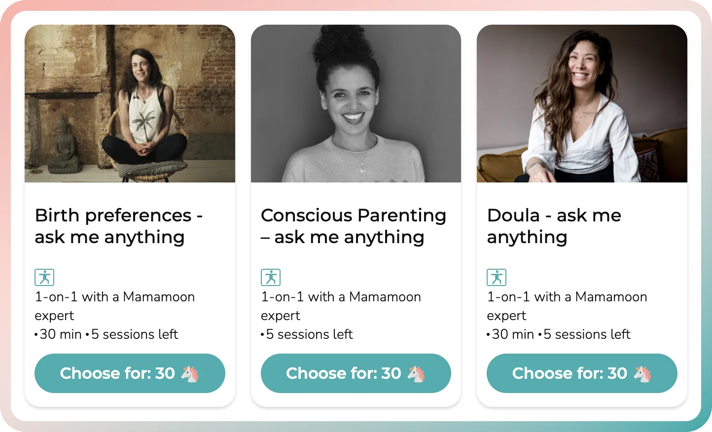 Expert calls with a doula and a parenting coach in the motherhood membership app