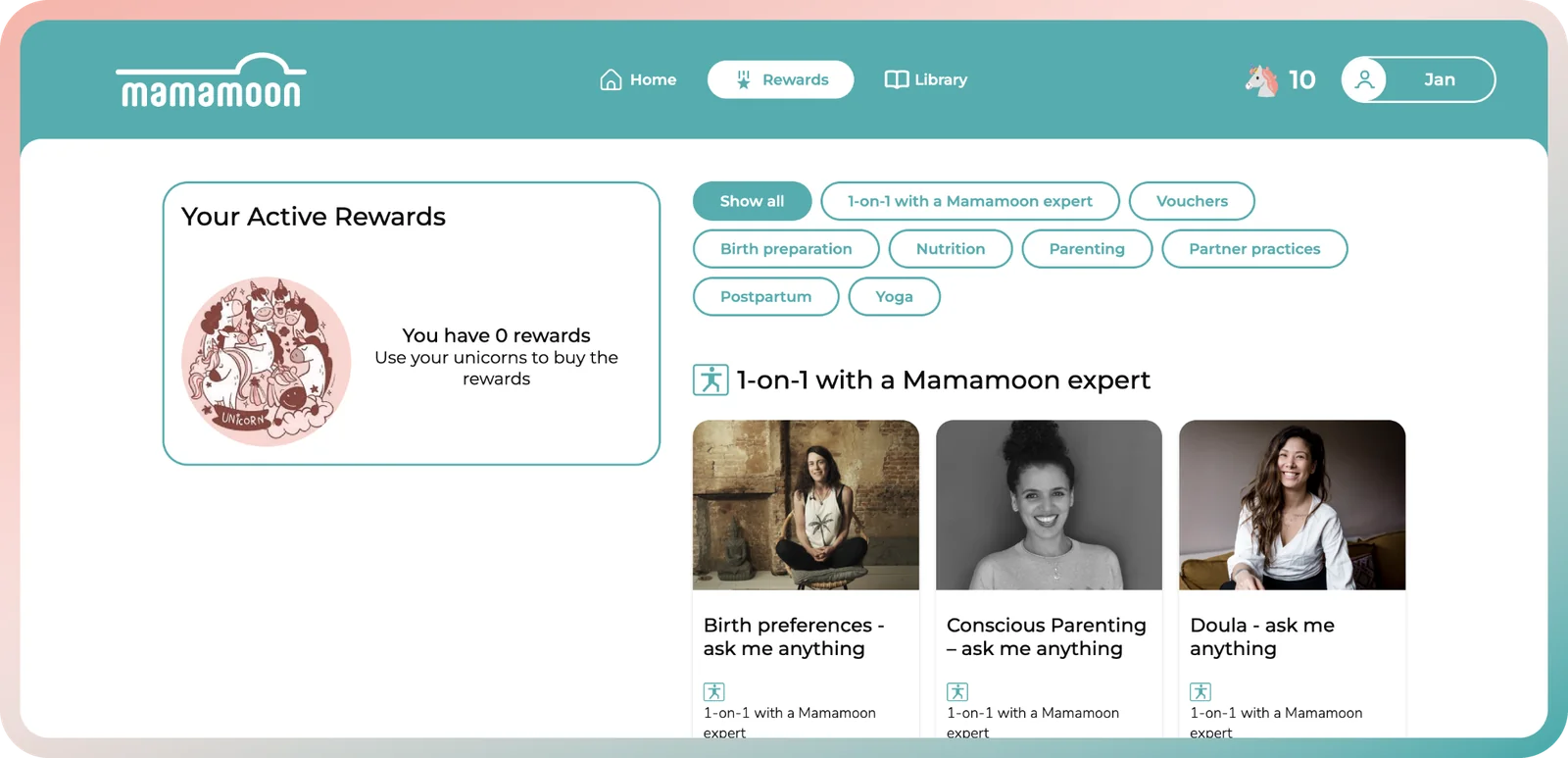 Rewards in the motherhood membership app: spend your unicorns on classes and 1-on-1 calls with experts