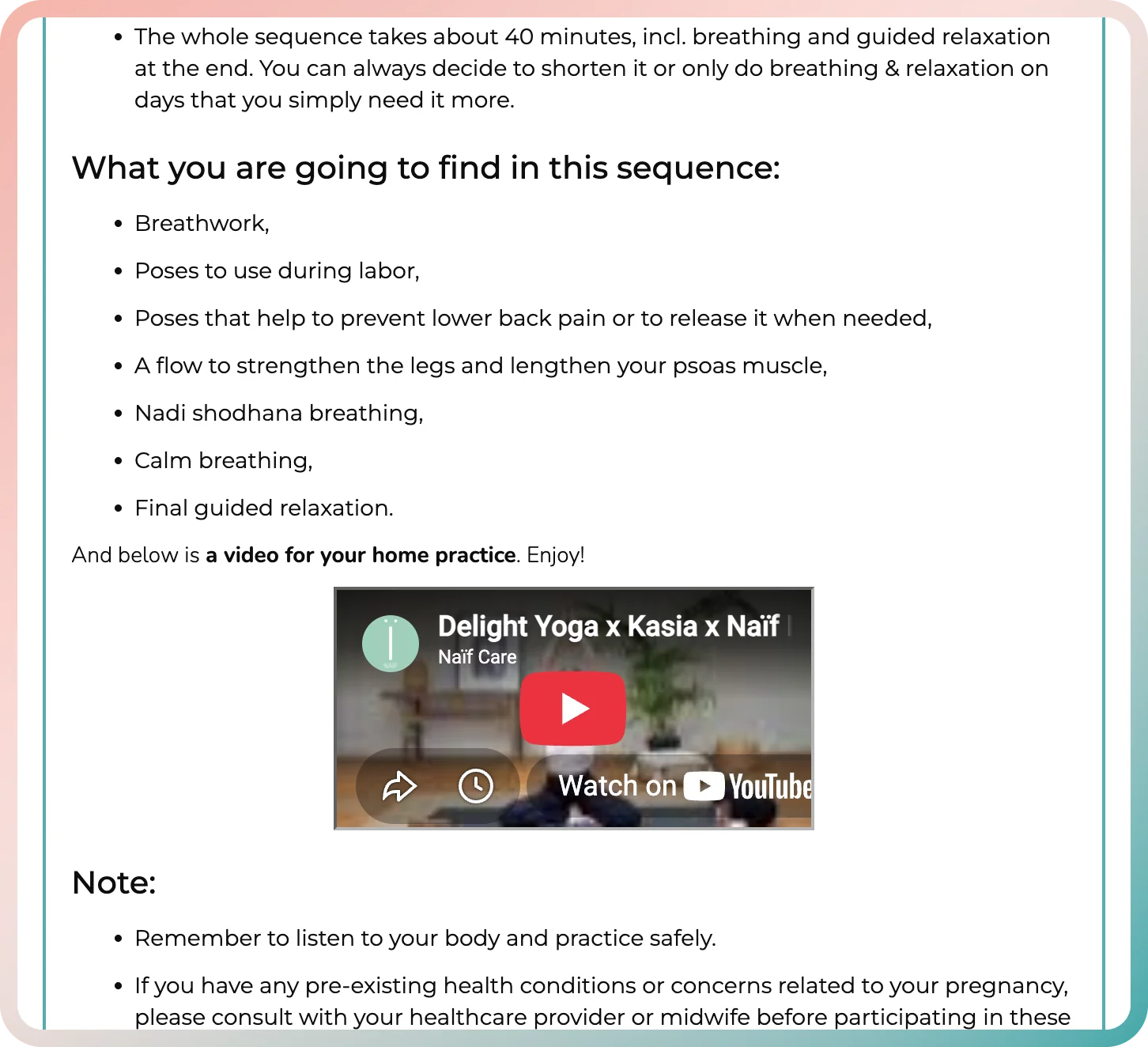 Searchable video library in the motherhood membership app with a full prenatal yoga session
