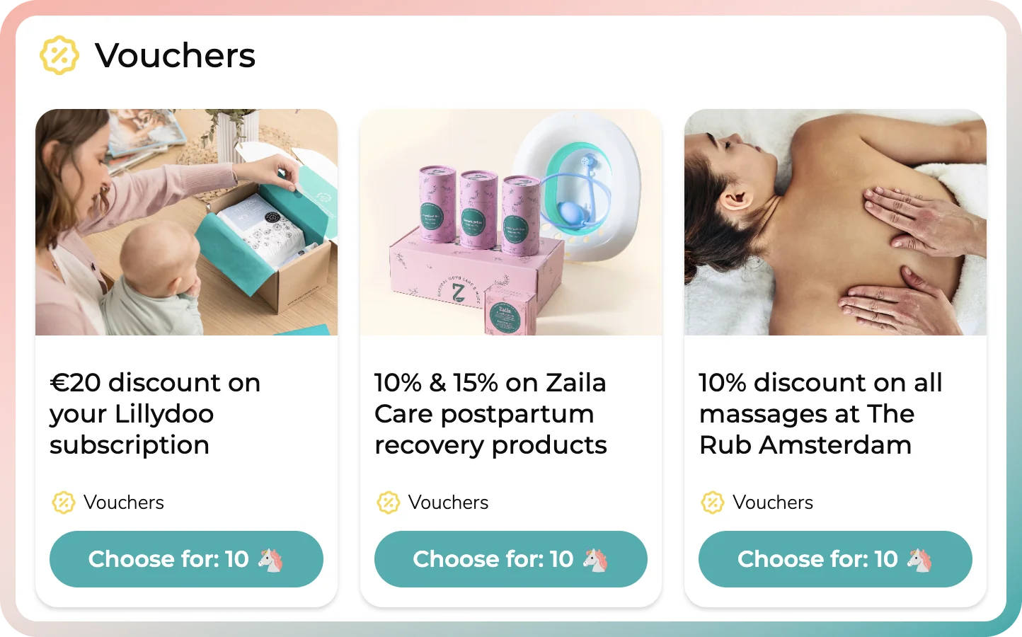 Member vouchers in the motherhood membership app: Lillydoo, Zaila Care and Rub Amsterdam discounts