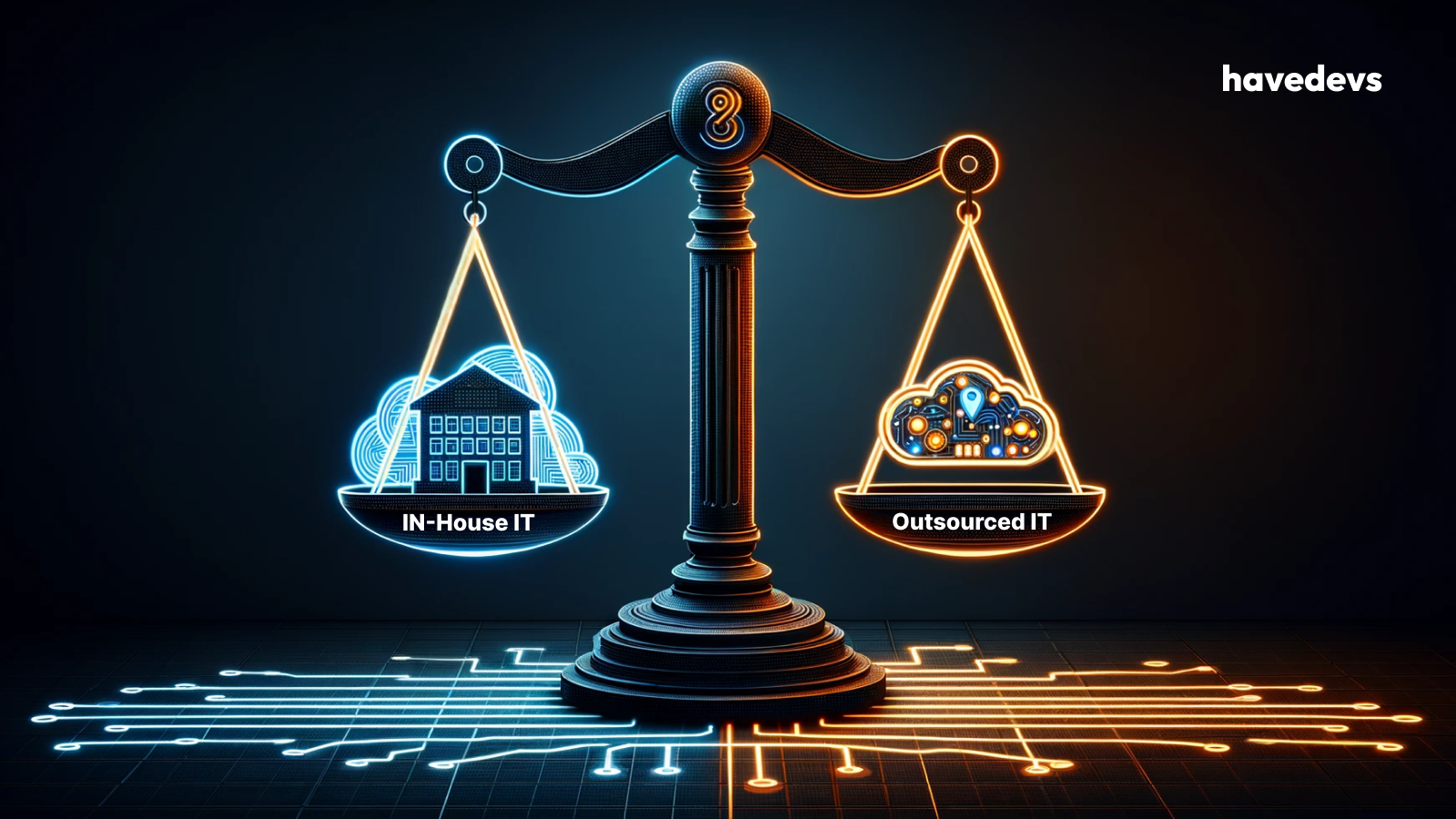 Illustration of a balance scale contrasting 'In-House IT' with 'Outsourced IT' in a modern, neon-infused, circuit board design.