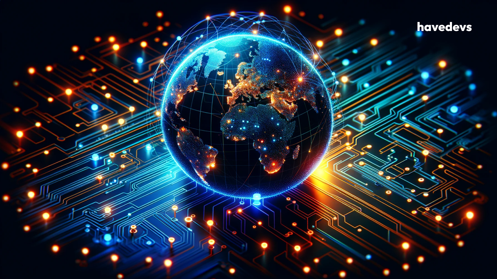 Vibrant image of a digital globe with interconnected neon nodes, symbolizing global business connectivity through marketplace software, in a futuristic blue and orange circuit design against a black background.