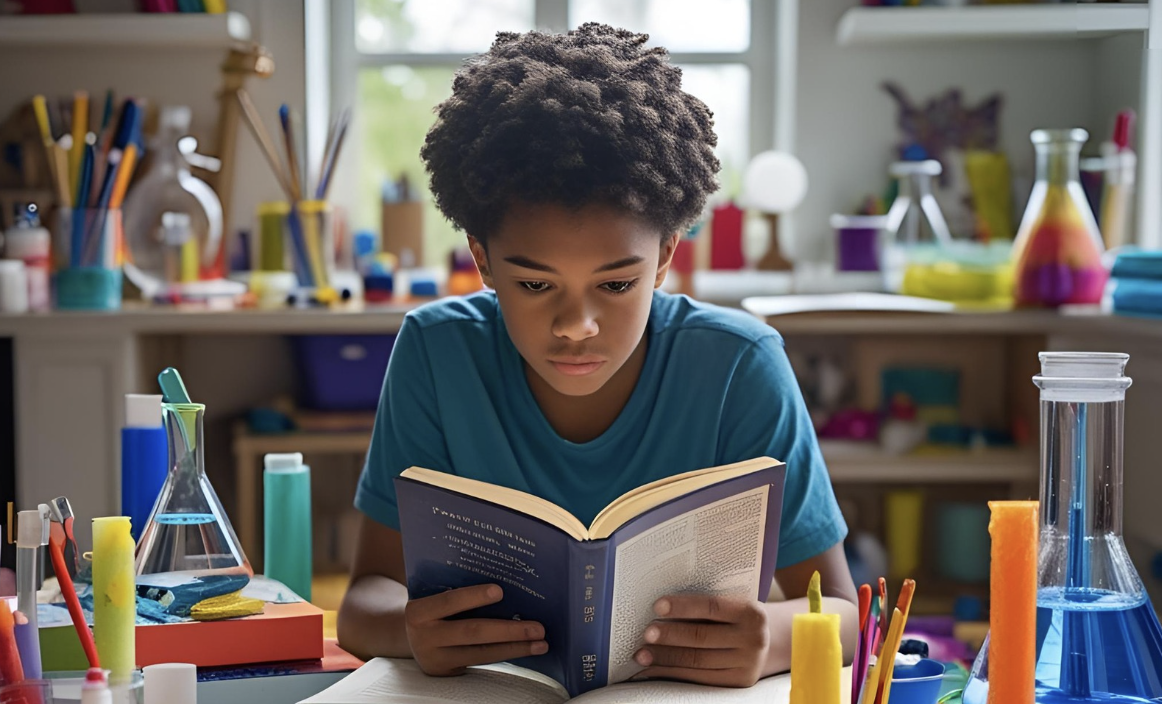 teen reading surrounded by art and science materials