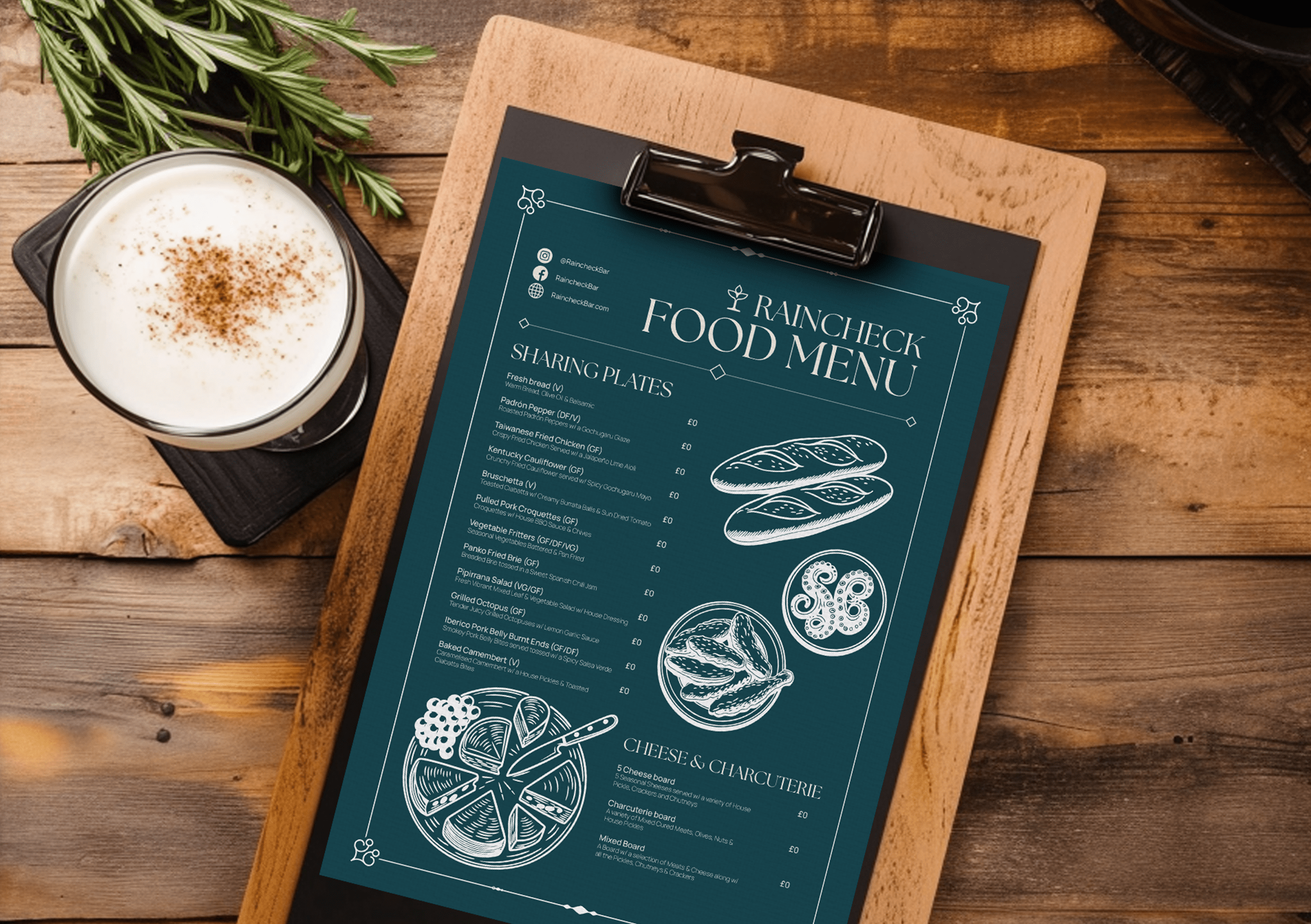 Clipboard with Raincheck Food Menu featuring sharing plates and cheese charcuterie options beside a frothy drink and rosemary on a wooden table.