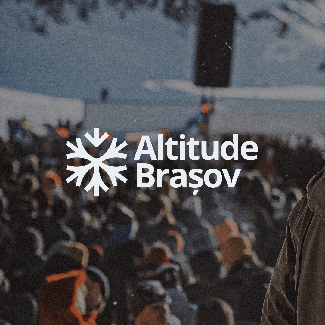 Crowd at an outdoor event with the Altitude Brașov logo featuring a stylized snowflake in the center.