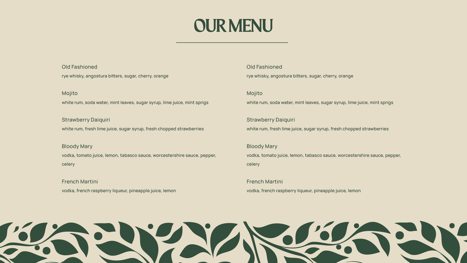 bespoke event Website Menu Design