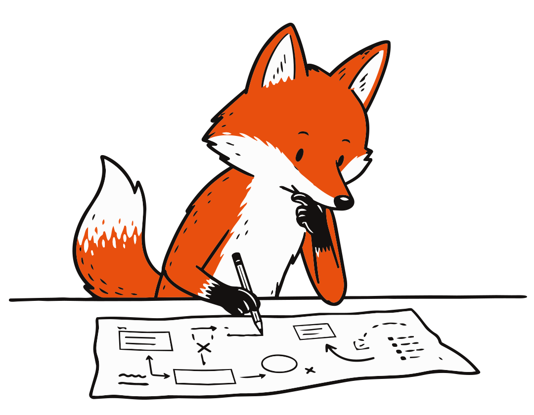 Cartoon fox thoughtfully drawing a strategy plan on paper with diagrams and arrows.