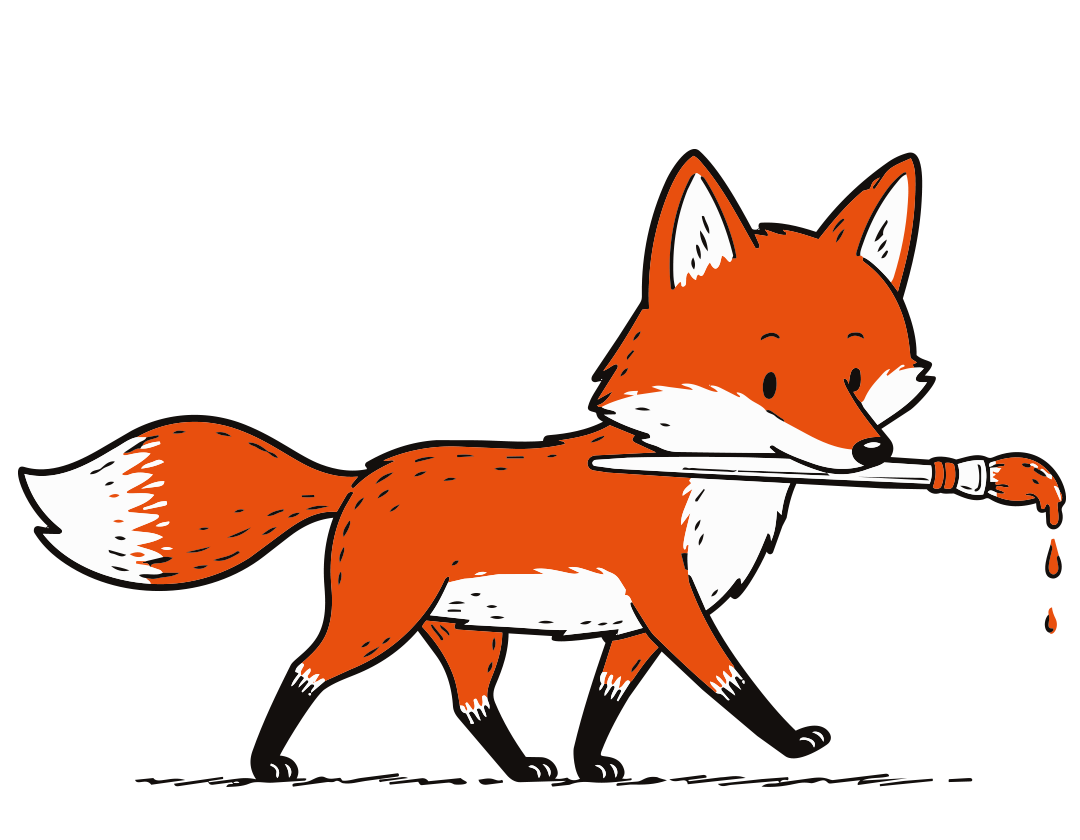 Cartoon fox walking with a paintbrush dripping red paint in its mouth.