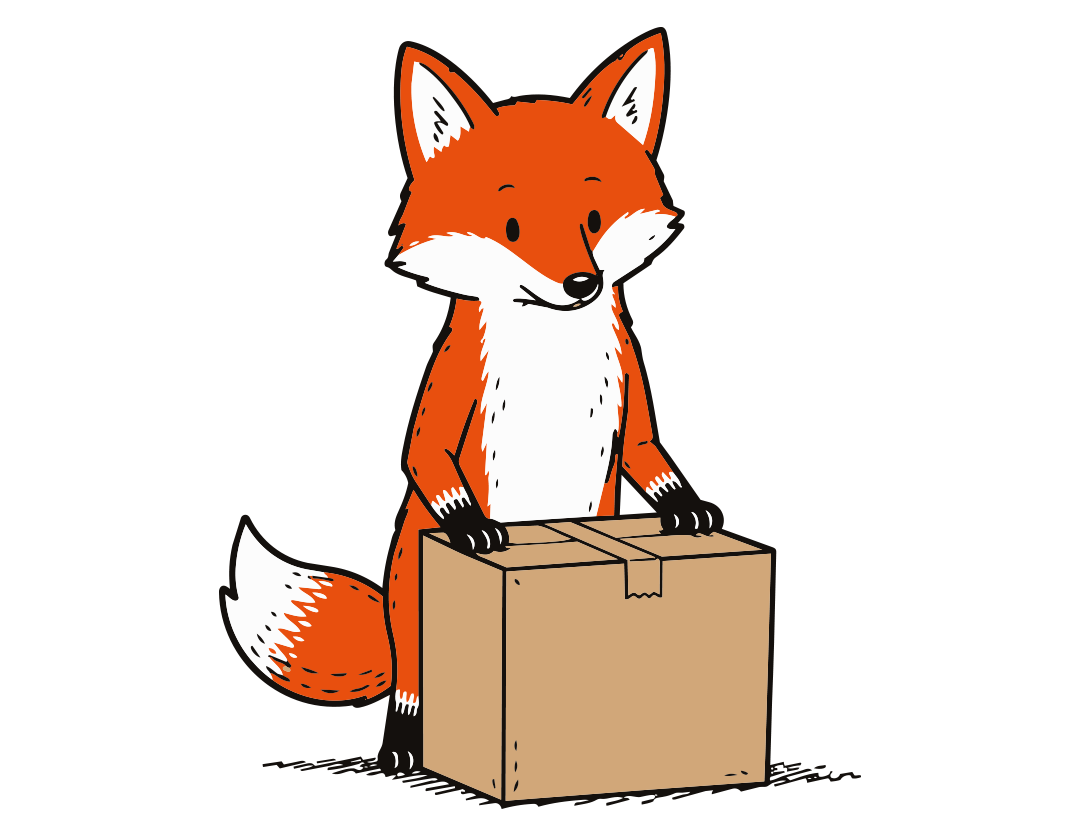 Cartoon fox standing and holding a sealed cardboard box.