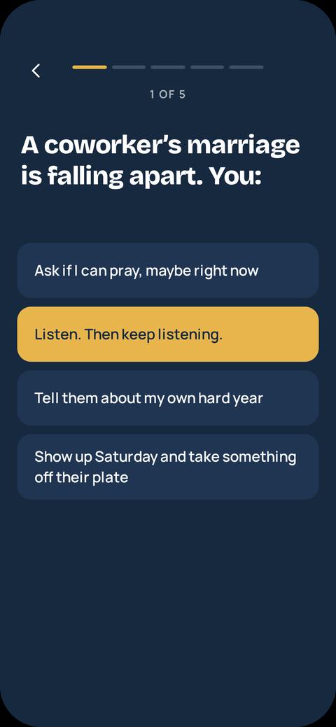 Win Your World app: a scenario question with four ways to respond