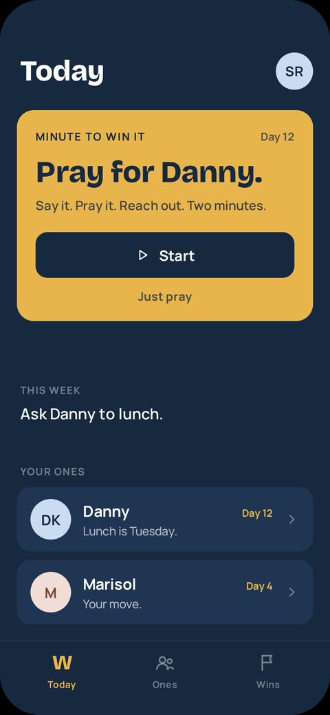 Win Your World app: Today screen with a two-minute step to pray for Danny