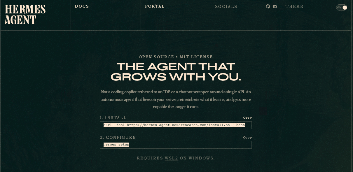 Hermes Agent official website screenshot showing the tagline "The Agent That Grows With You" with installation instructions via curl command
