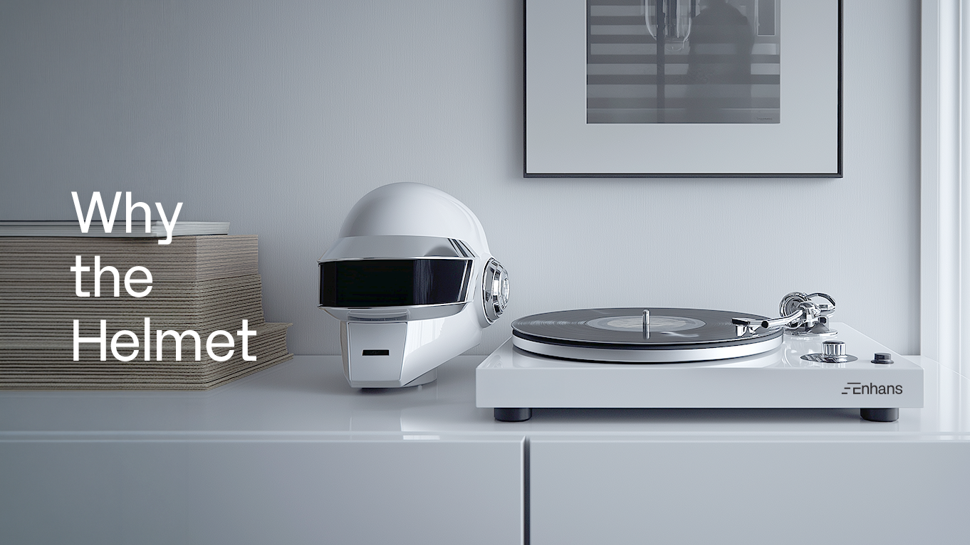 White Daft Punk style robot helmet beside an Enhans turntable, with the text Why the Helmet