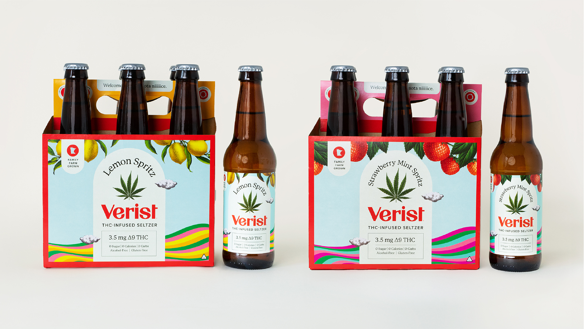 6 packs of Verist THC seltzer in glass bottles