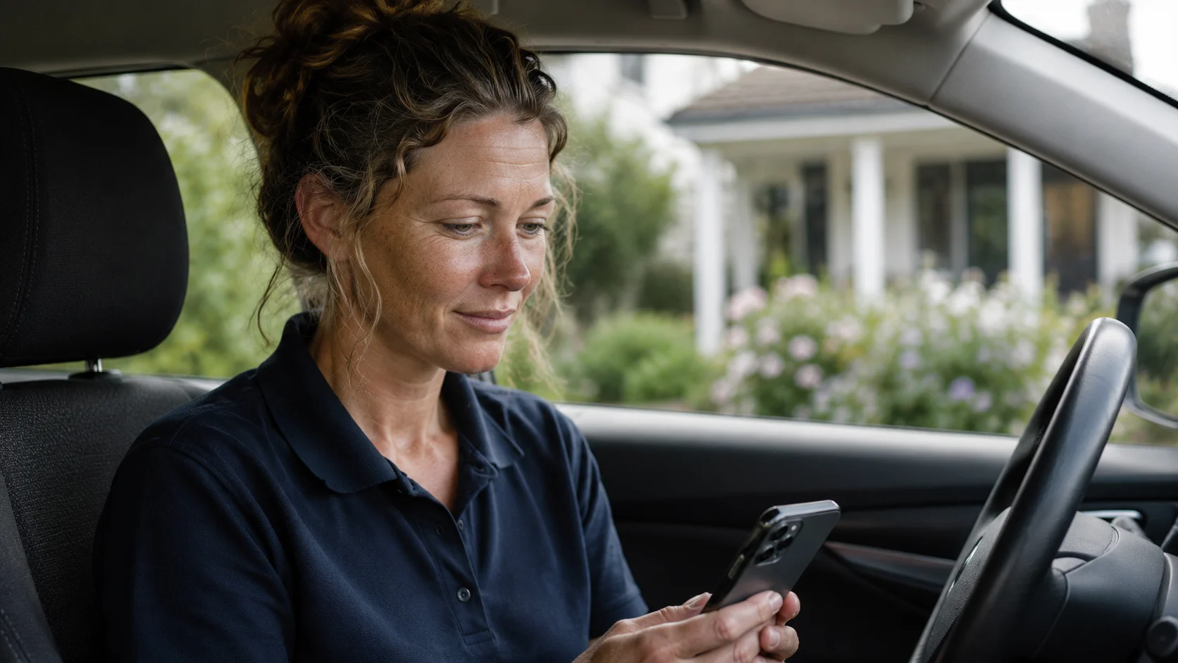 Woman with curly hair tied up, sitting in the driver's seat of a car, looking at and using a smartphone, with a blurred house and garden visible outside the window.