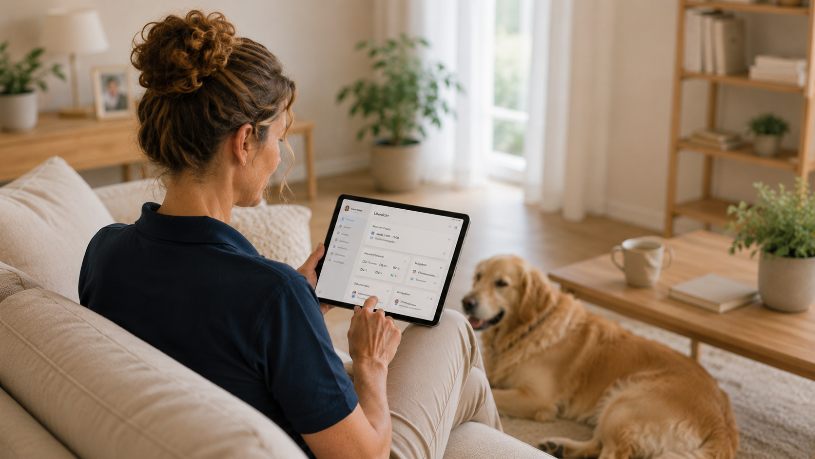 Nurse using the domo.health app on a tablet at a patient's home, with a golden retriever lying nearby