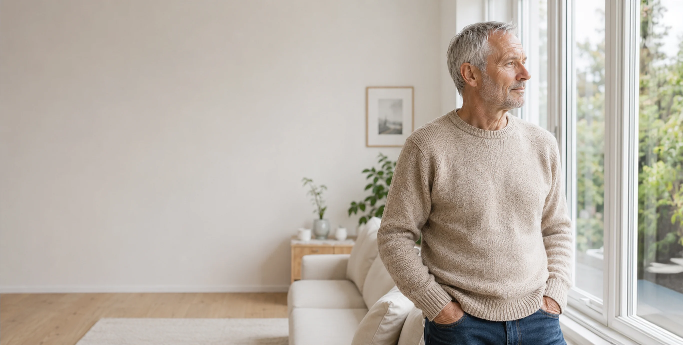 Older man in a beige sweater standing by the window of his bright living room