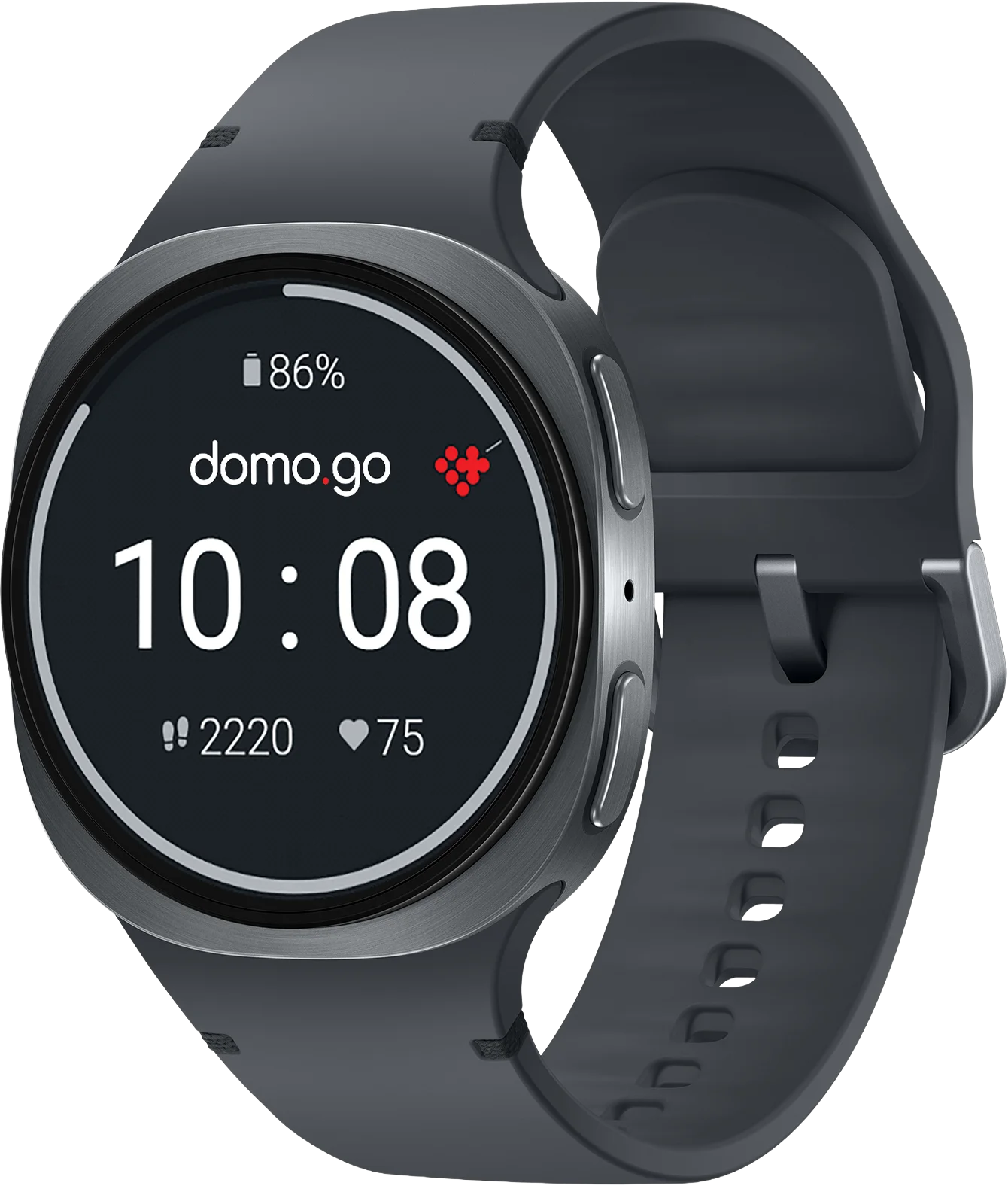 Samsung Galaxy Watch running domo.go, showing the time, battery level, step count and heart rate