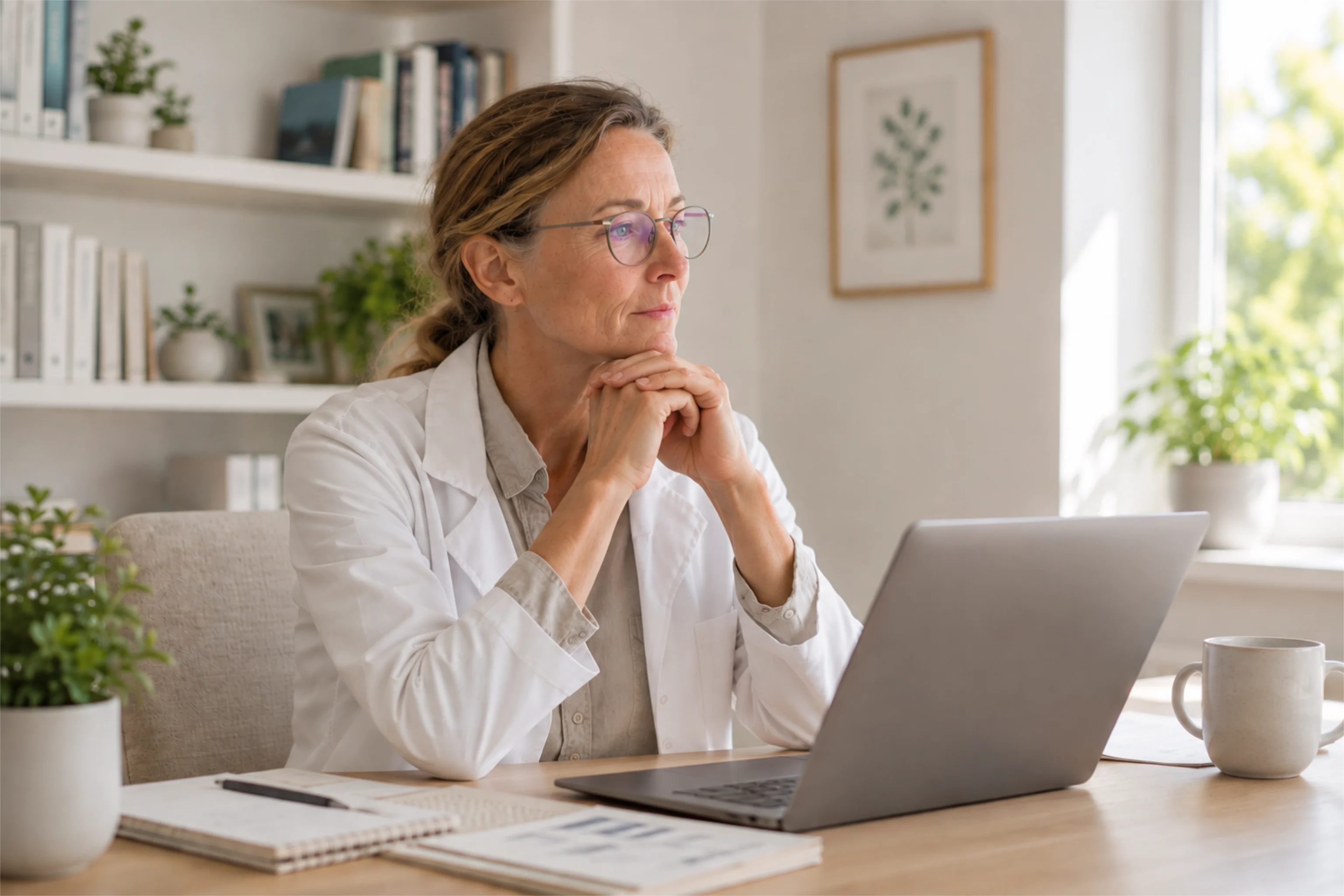 Doctor in a white coat sitting at her desk, thinking while looking at her laptop