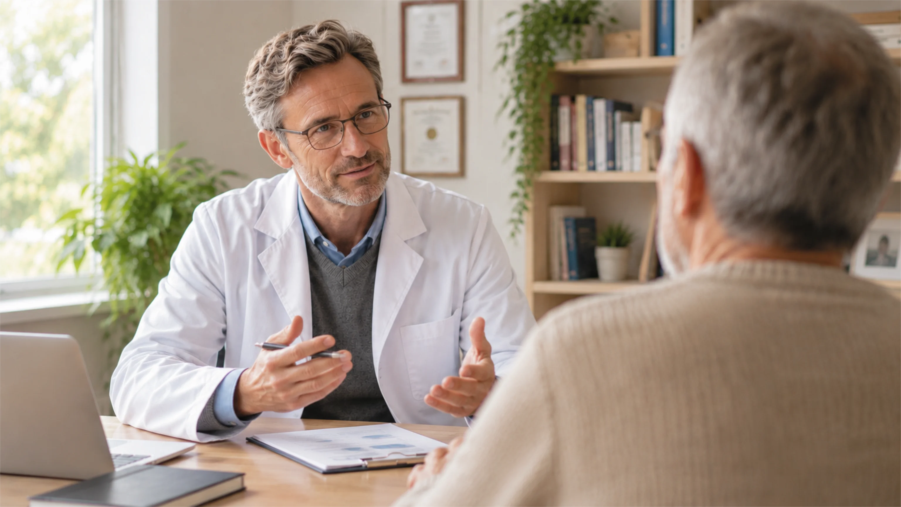 Doctor in a white coat talking with an older patient across a desk in a bright consultation room