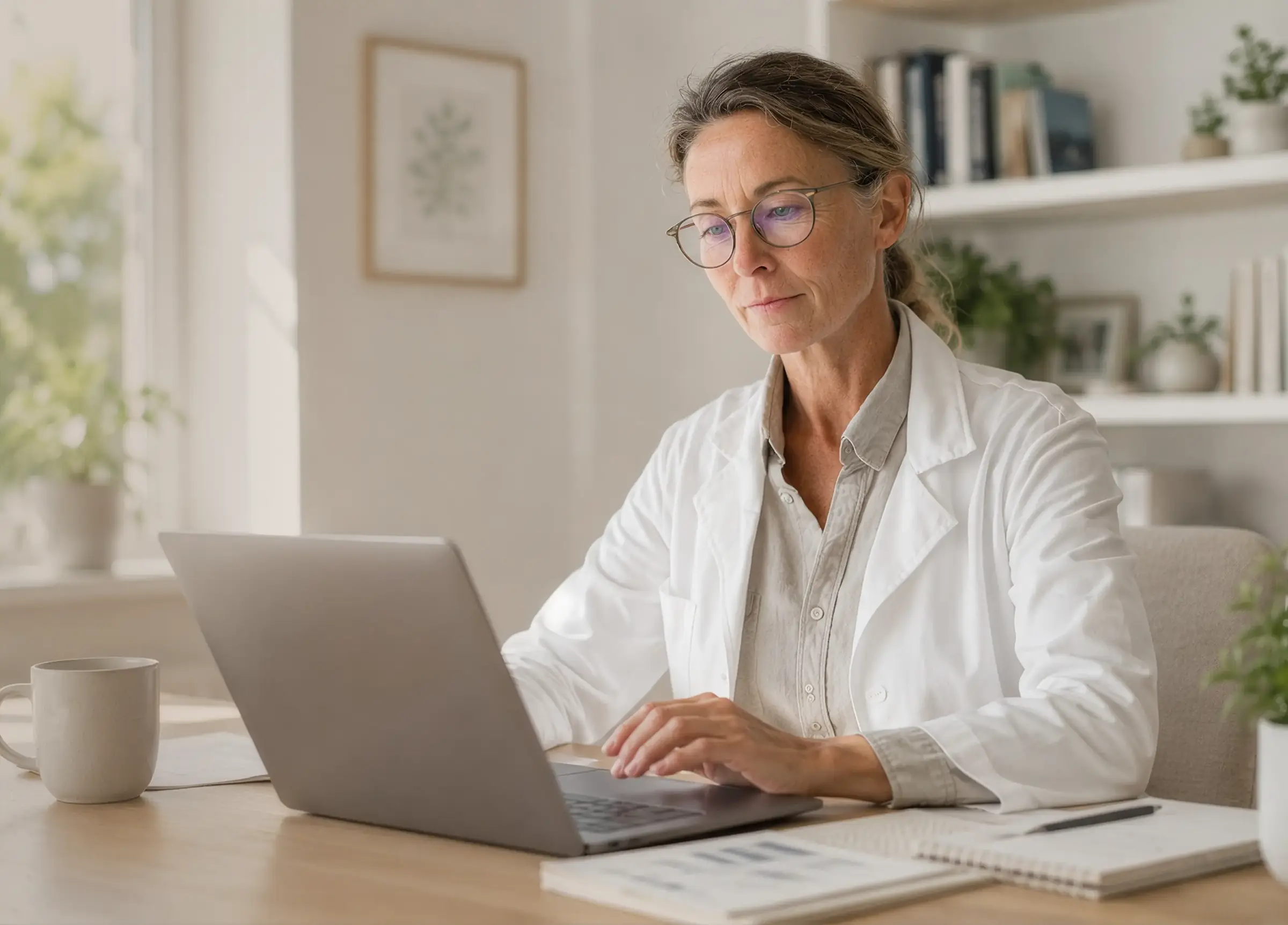 Researcher in a white coat working on a laptop in a bright office