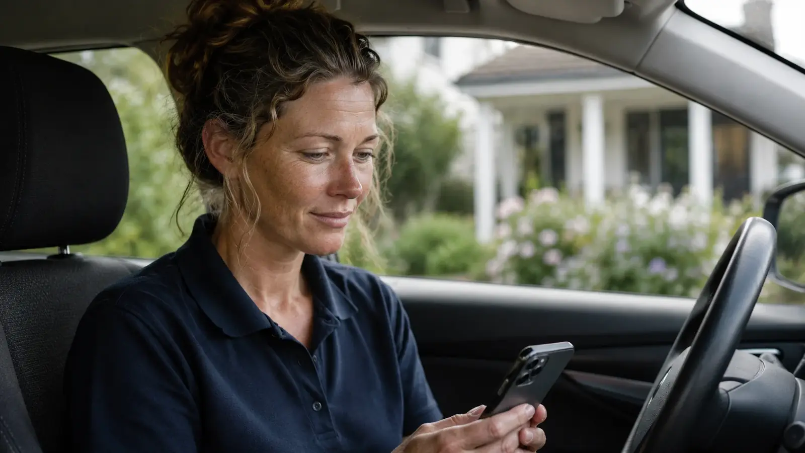 Spitex nurse in her car asking the domo.health AI agent for a briefing on her phone