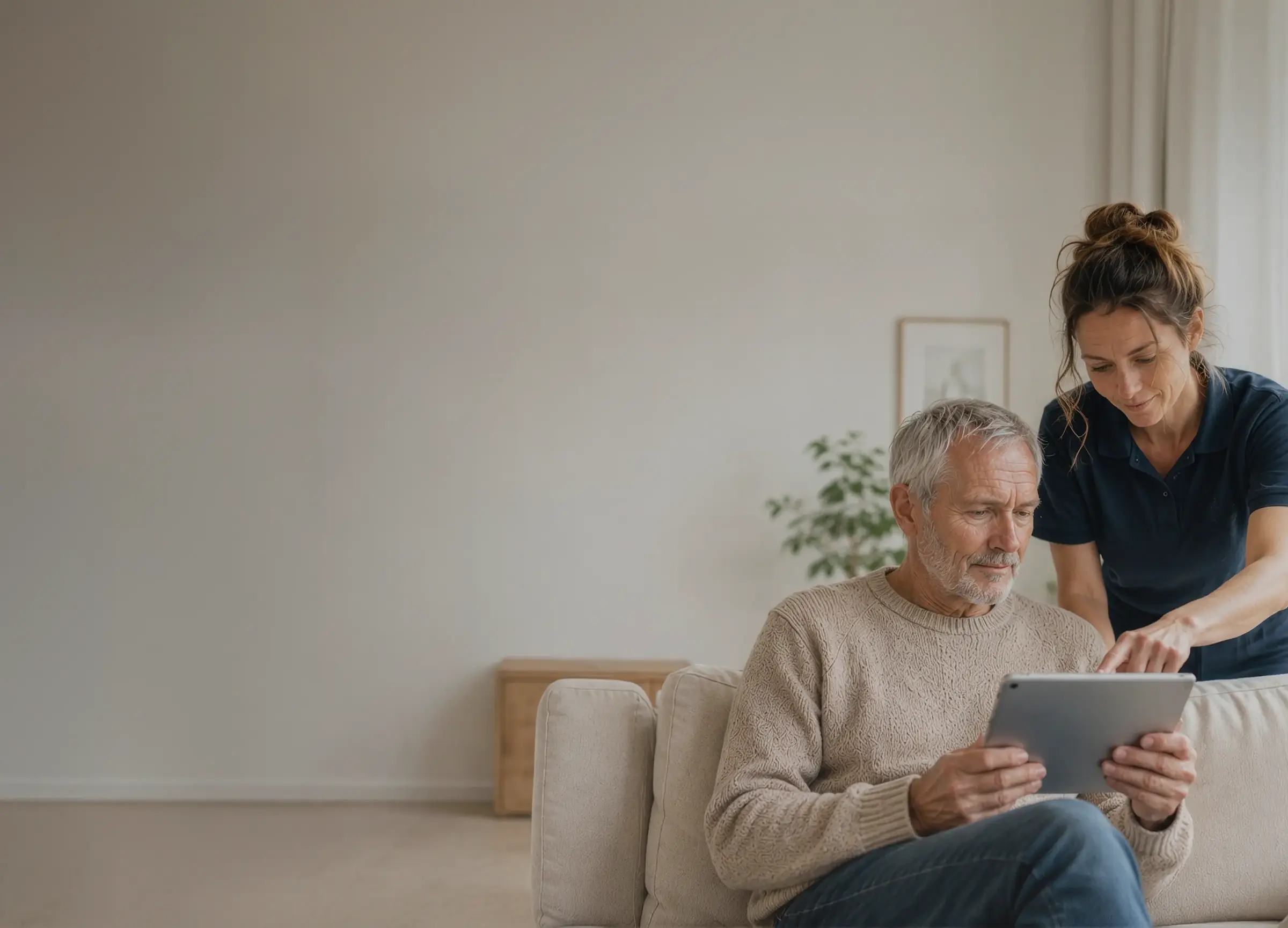 Spitex nurse showing an older man a tablet on the sofa in his home