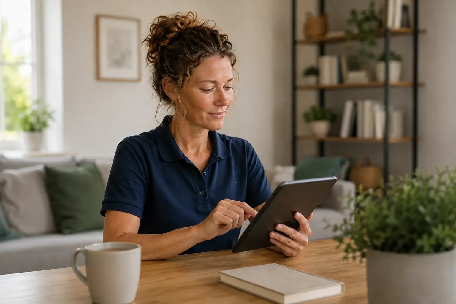 Spitex nurse checking care records and invoices on a tablet at her desk