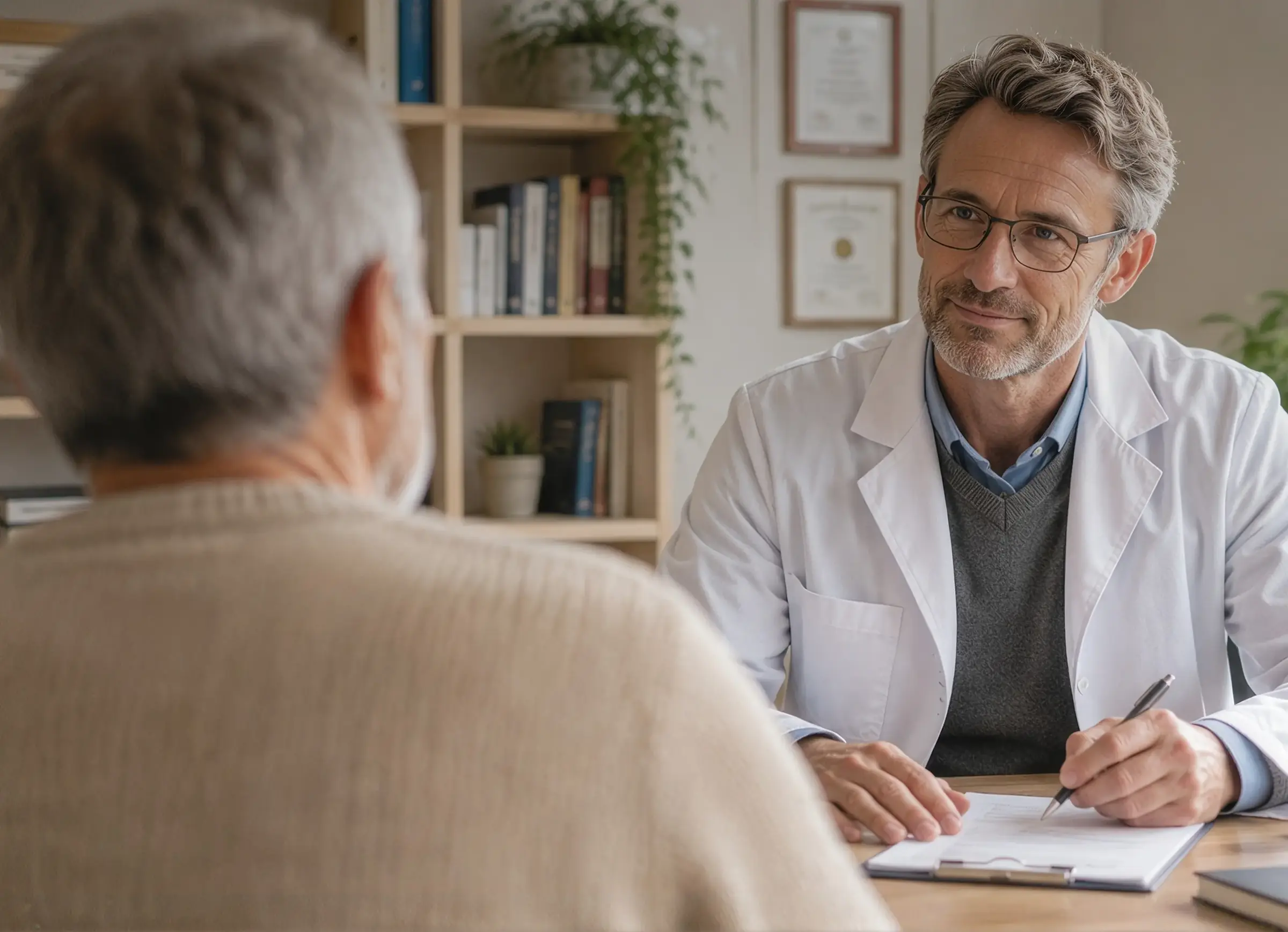 Doctor taking notes during a consultation with an older patient