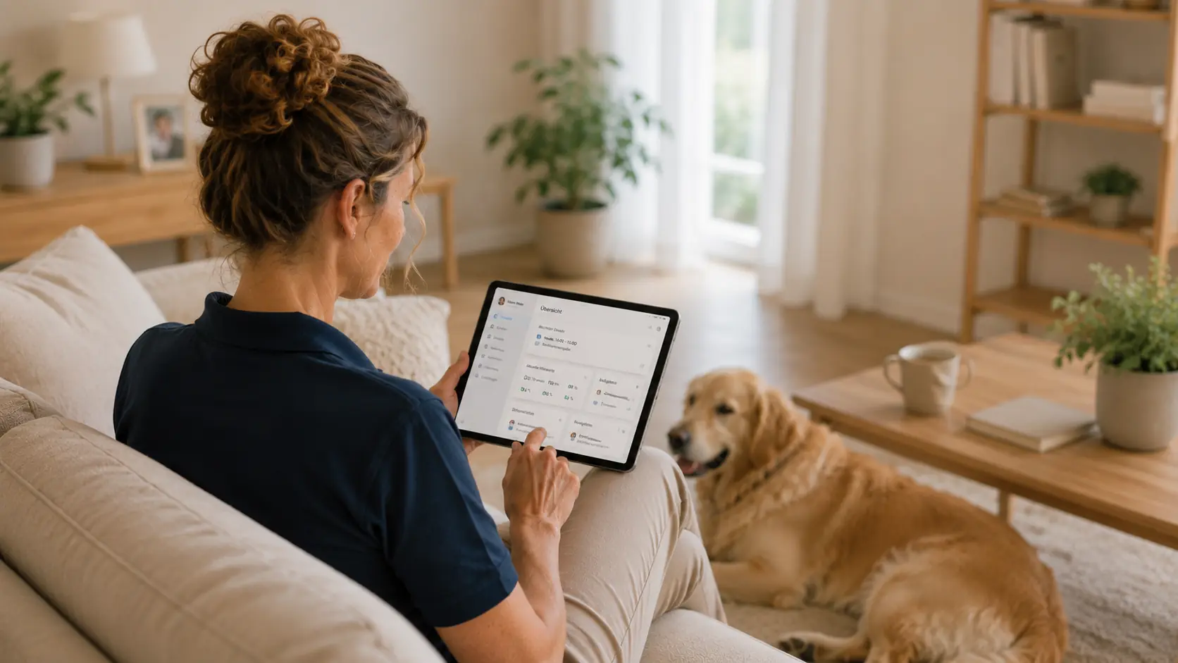 Nurse using the domo.health app on a tablet at a patient's home, with a golden retriever lying nearby