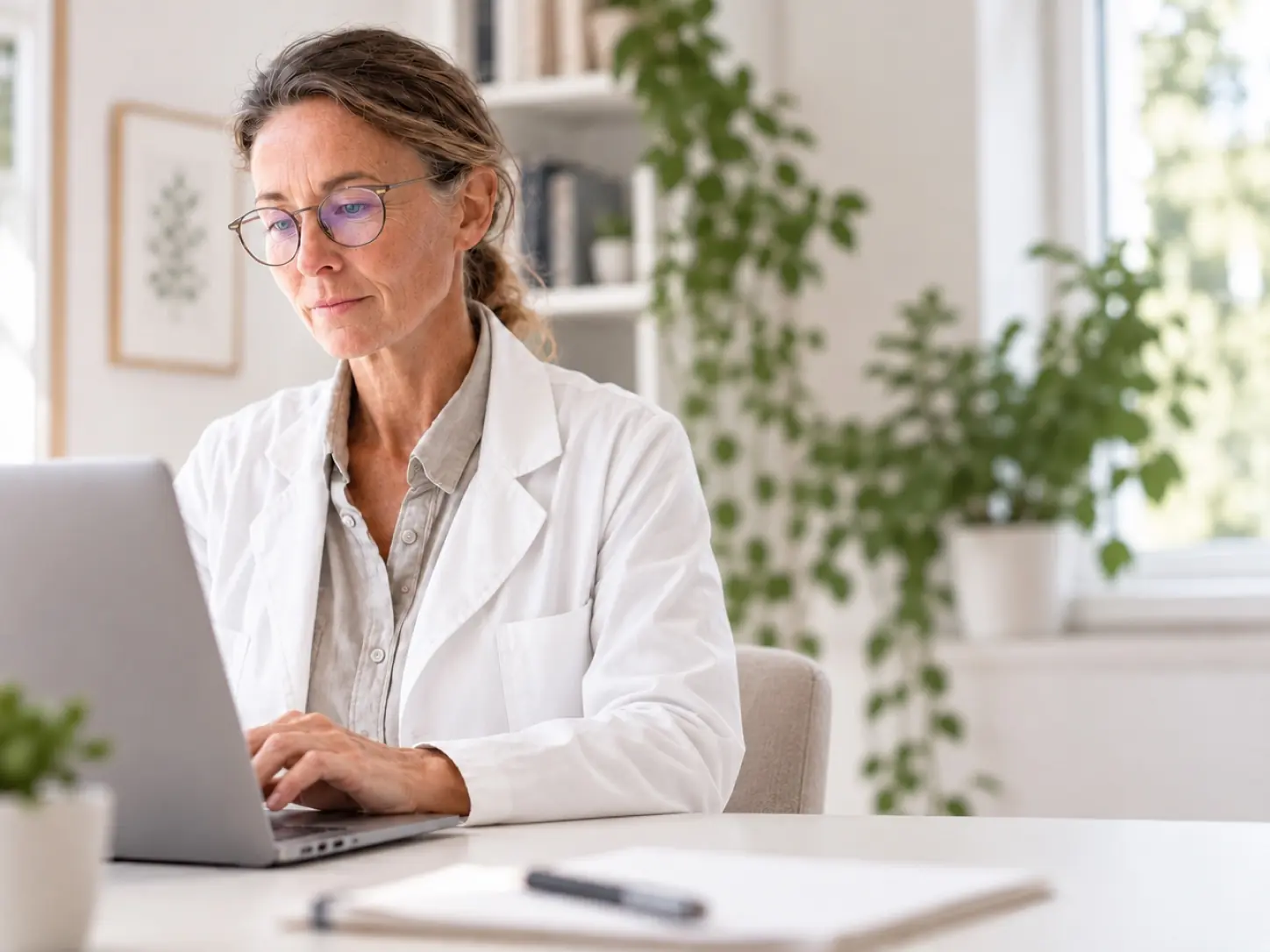 Doctor in a white coat typing on a laptop in a bright office
