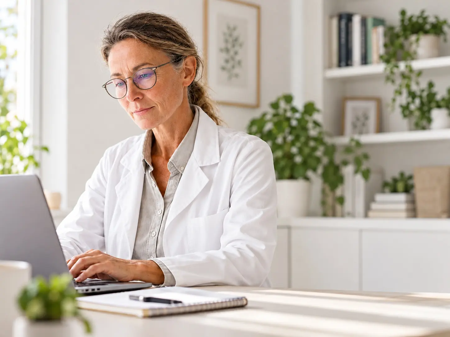 Doctor in a white coat working on a laptop at her desk