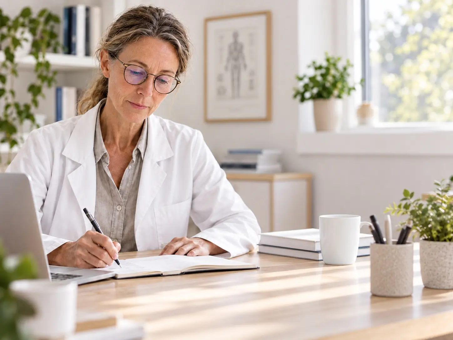 Doctor in a white coat taking notes in a notebook at her desk