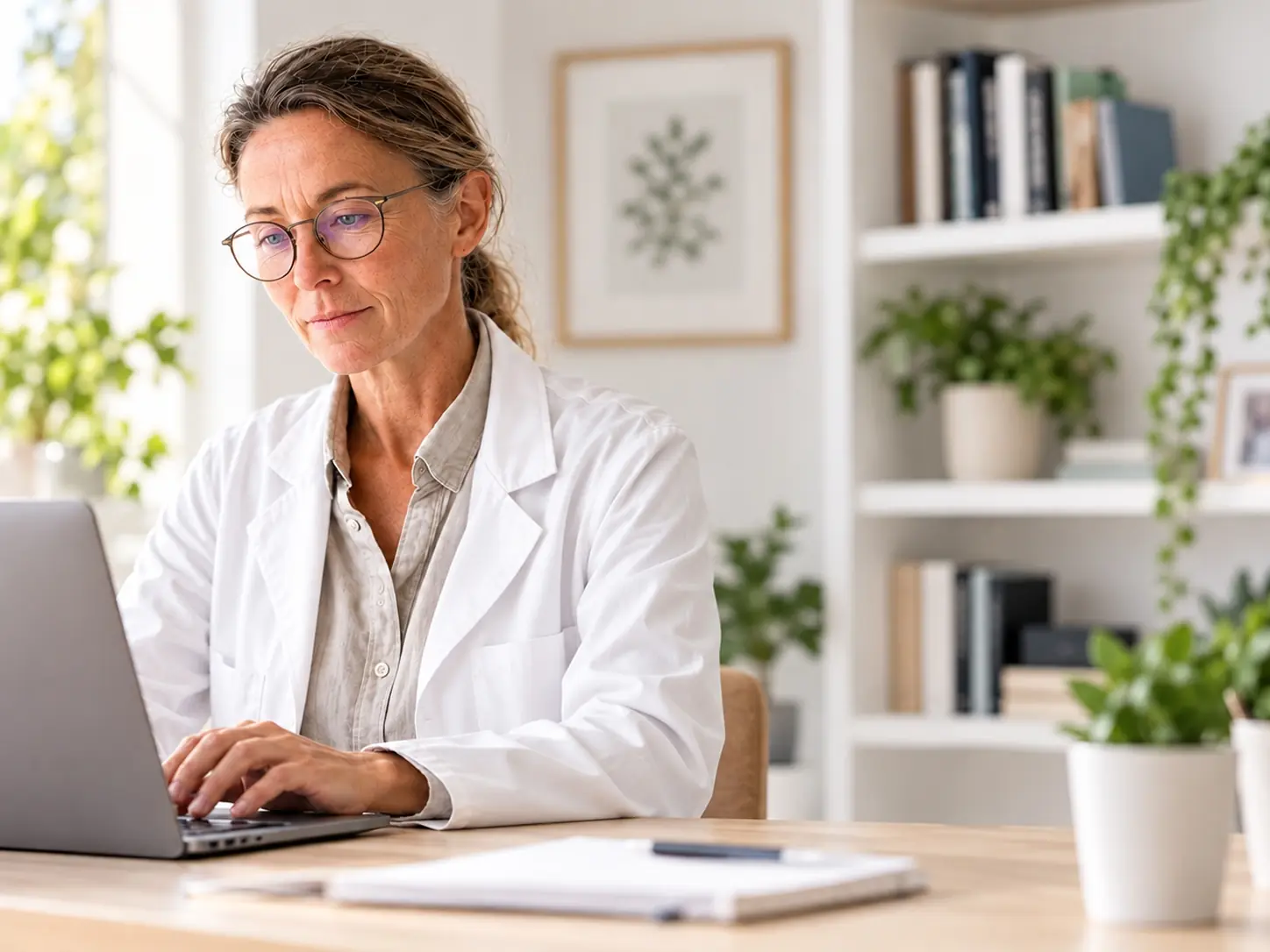 Doctor in a white coat working on a laptop in a bright office with bookshelves