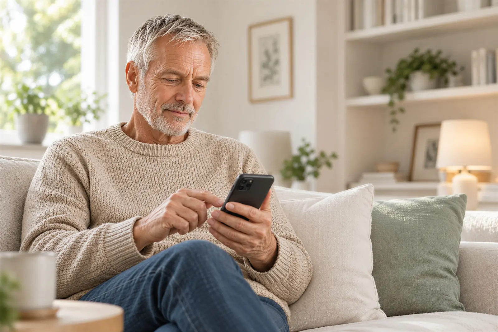 Older man smiling while using a smartphone on his living room sofa