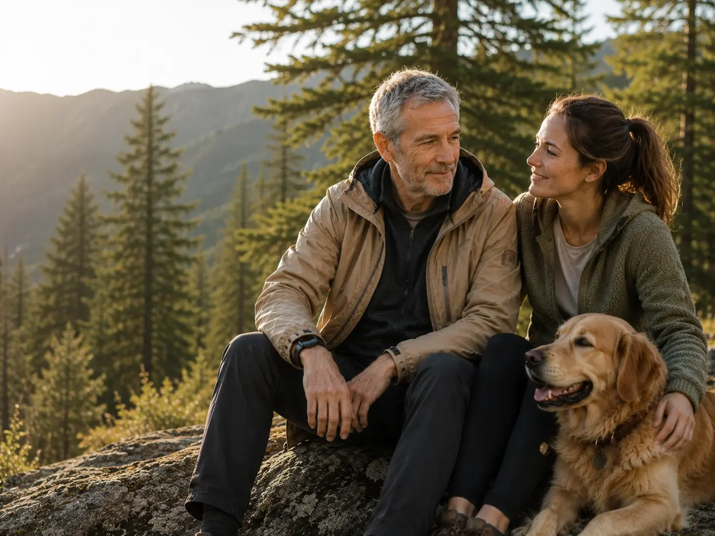 Older man and a young woman sitting on a rock in the mountains at sunset with a golden retriever